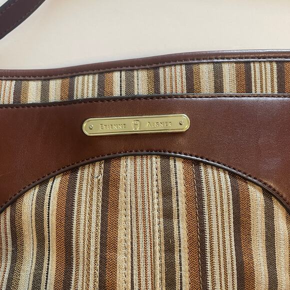 Etienne Aigner Brown Striped Bag Womens Leather Trim Handbag Purse - Picture 6 of 14